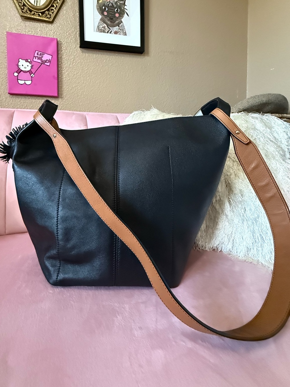 💯 Auth! Elena Ghisellini Colorblock Shoulder/Crossbody Cream Brown Black Leather - Picture 4 of 14